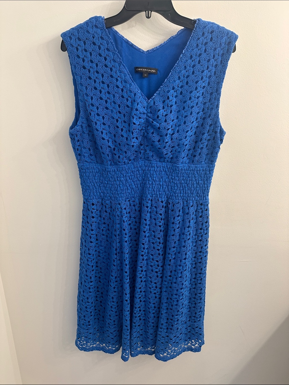 Chris McLaughlin Blue Crochet V-Neck Midi Dress SZ 14